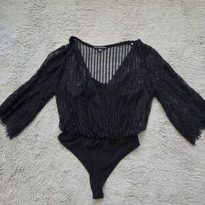 Women's Haute Monde Black Lace Striped Bodysuit Small